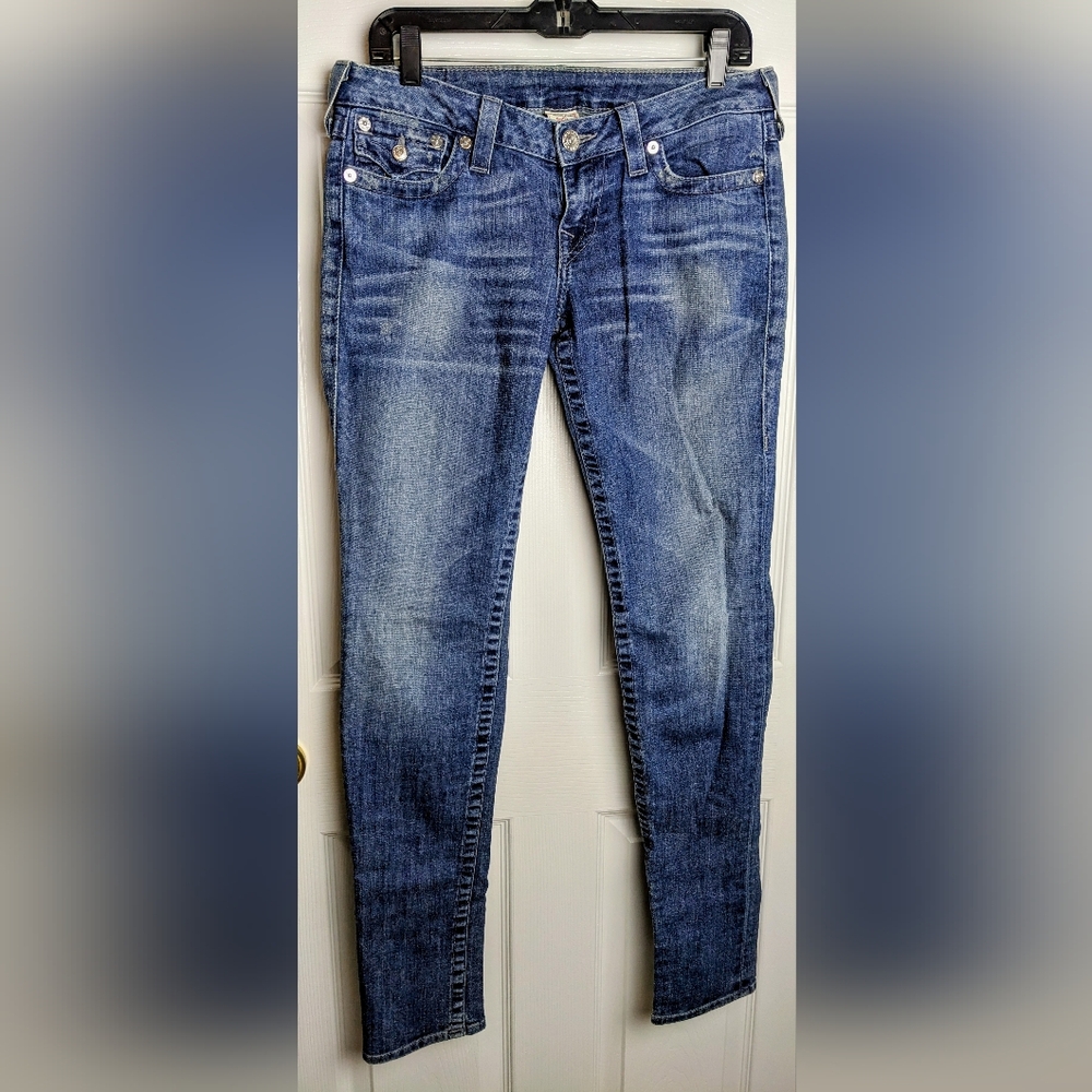 True Religion Indigo Skinny Jeans, Embellished Pockets, Sz. 29